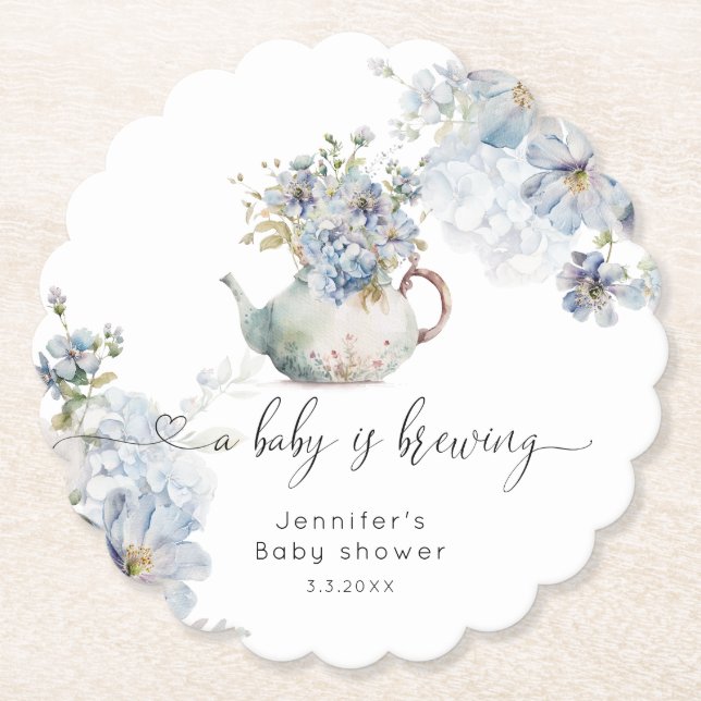 Blue Hydrangeas baby is brewing baby shower Paper Coaster (Front)