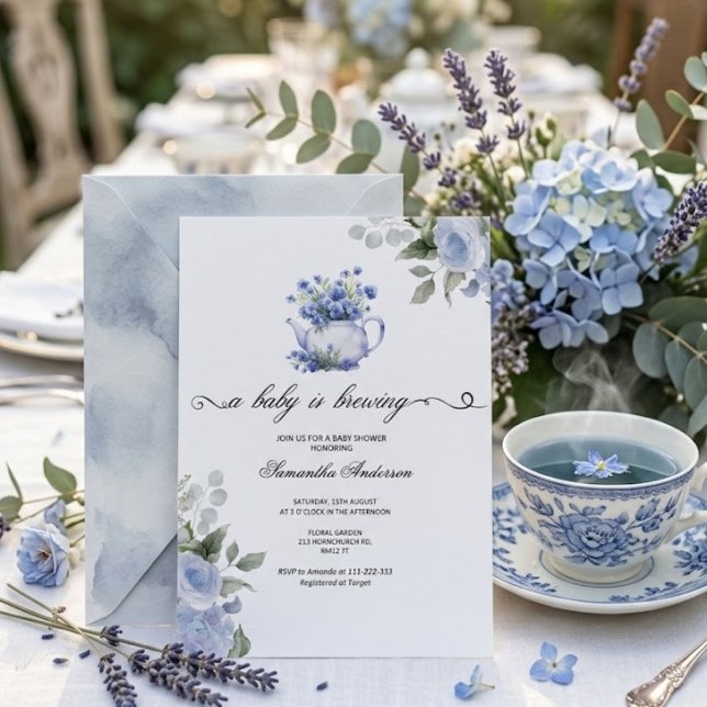 Blue Hydrangeas baby is brewing tea party shower  Invitation (Creator Uploaded)