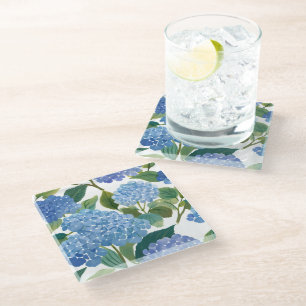 Blue Hydrangeas Beautiful Floral Bush Glass Coaster