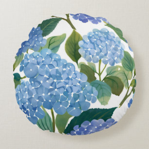 Blue Hydrangeas   Beautiful Floral Bush Round Cushion