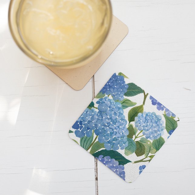 Blue Hydrangeas | Beautiful Floral Bush Square Paper Coaster (Creator Uploaded)