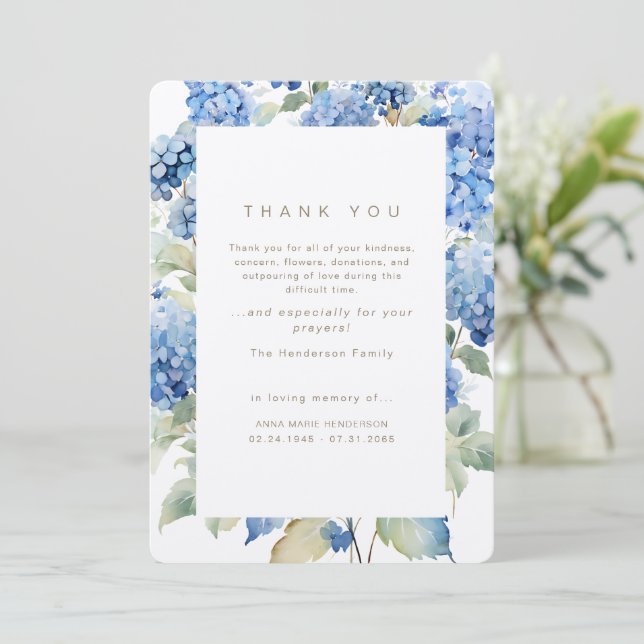 Blue Hydrangeas Bereavement Funeral Thank You Card (Standing Front)