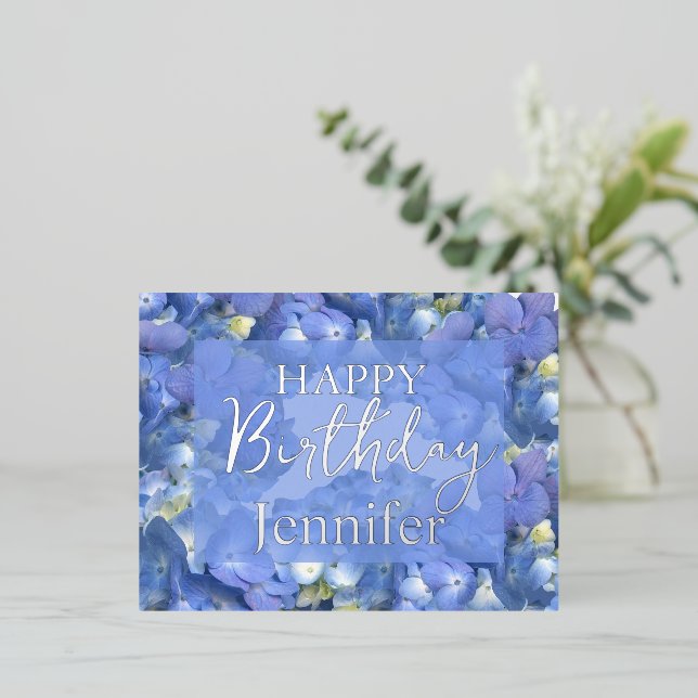 Blue Hydrangeas Blooms Happy Birthday Custom Name  Foil Holiday Postcard (Standing Front)