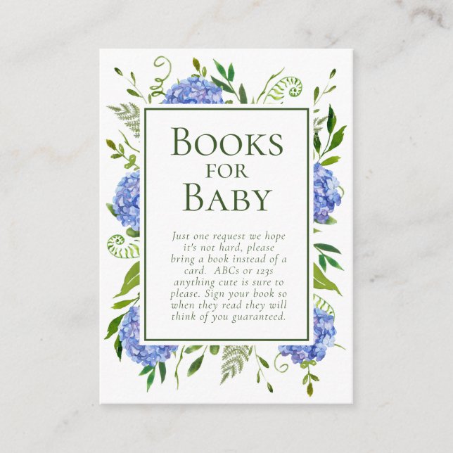 Blue Hydrangeas Boy Baby Shower Books for Baby Enclosure Card (Front)