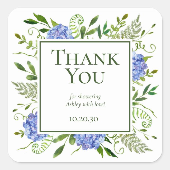 Blue Hydrangeas Boy Baby Shower Thank You Square Sticker (Front)