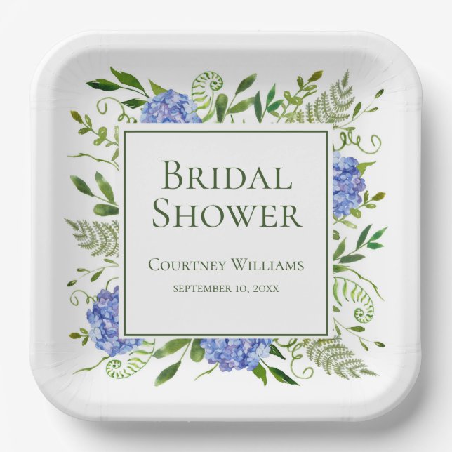 Blue Hydrangeas Bridal Shower Paper Plate (Front)