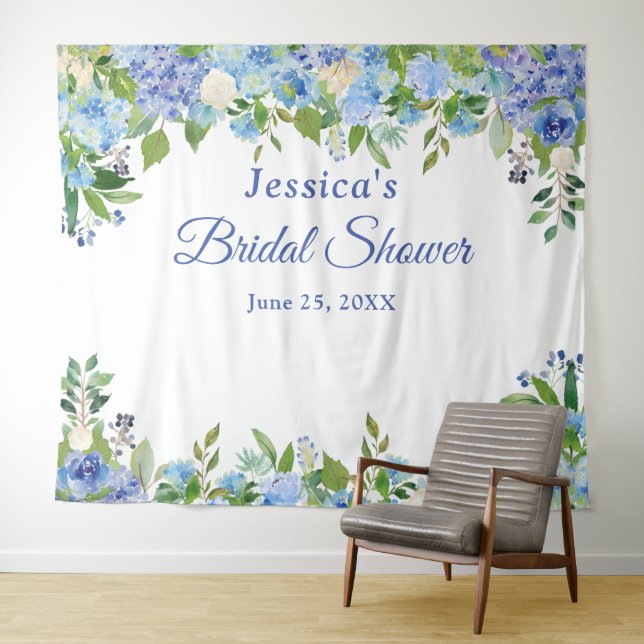 Blue Hydrangeas Bridal Shower Photo Booth Backdrop Tapestry (In Situ (Horizontal))