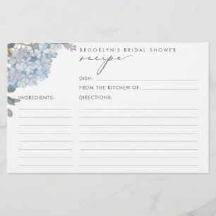 Blue Hydrangeas Bridal Shower Recipe Cards