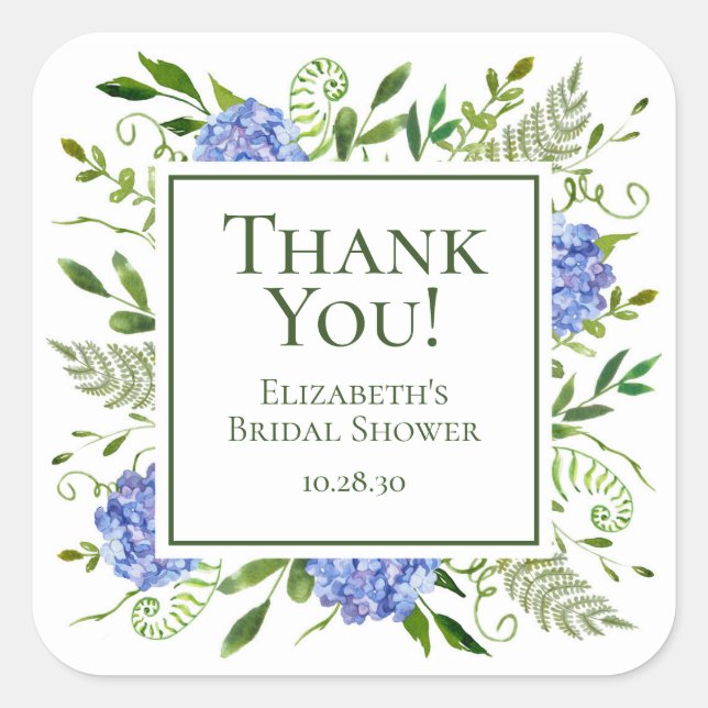 Blue Hydrangeas Bridal Shower Thank You Square Sticker (Front)
