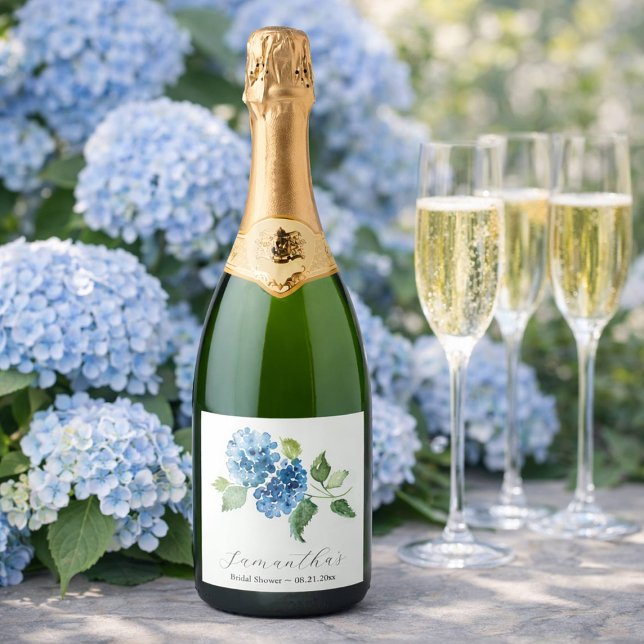 Blue Hydrangeas Bridal Shower Theme Sparkling Wine Label (blue hydrangea champagne label designed with hand painted floral art by Victoria Grigaliunas)