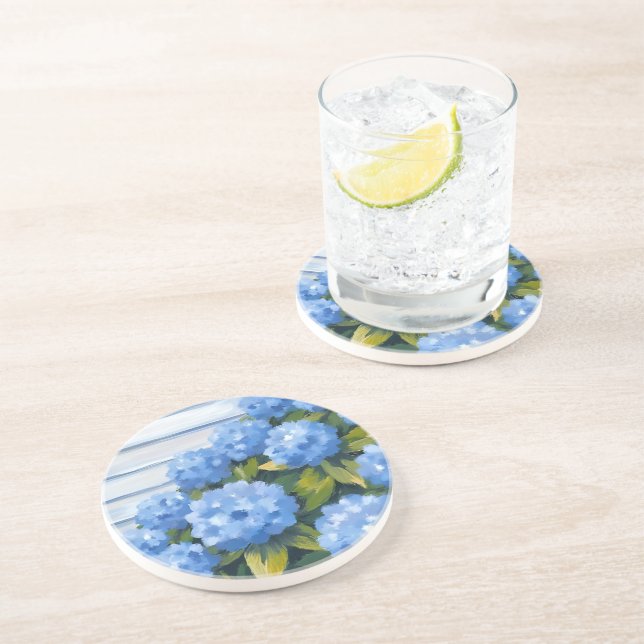 Blue Hydrangeas Bushes Floral Painting Coaster (Side)