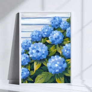 Blue Hydrangeas Bushes Floral Painting Poster