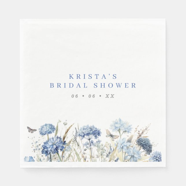 Blue Hydrangeas & Butterflies Bridal Shower Napkin (Front)