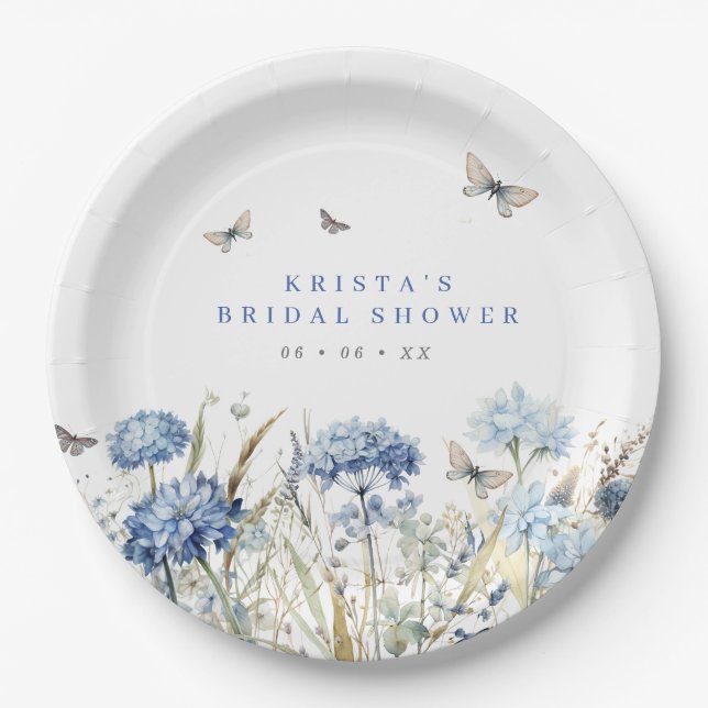 Blue Hydrangeas & Butterflies Bridal Shower Paper Plate (Front)