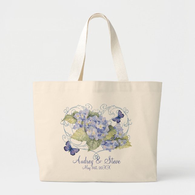Blue Hydrangeas, Butterfly & Swirl Modern Floral Large Tote Bag (Front)