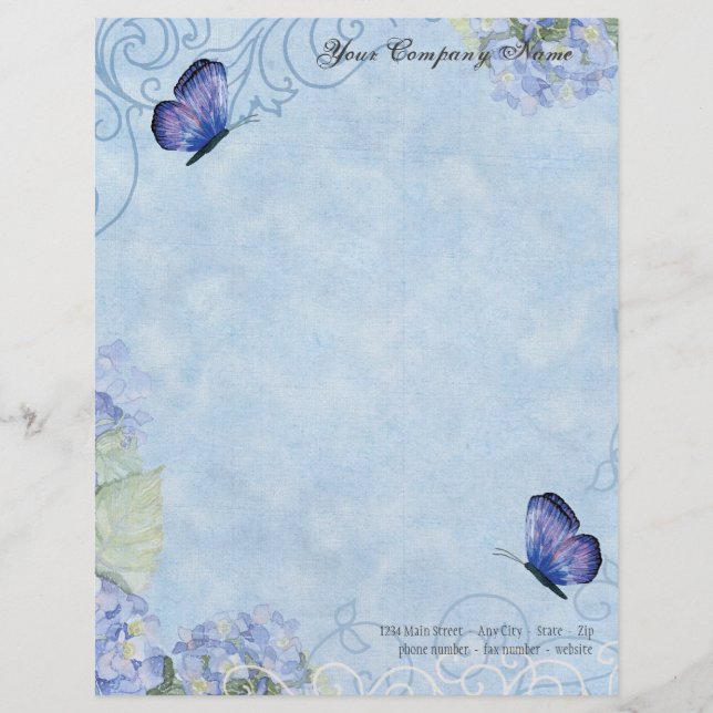 Blue Hydrangeas, Butterfly & Swirl Modern Floral Letterhead Design (Front)