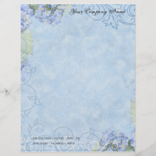 Blue Hydrangeas, Butterfly & Swirl Modern Floral Personalised Letterhead
