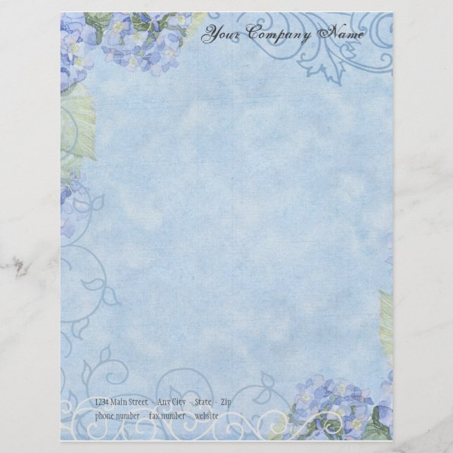Blue Hydrangeas, Butterfly & Swirl Modern Floral Personalised Letterhead (Front)