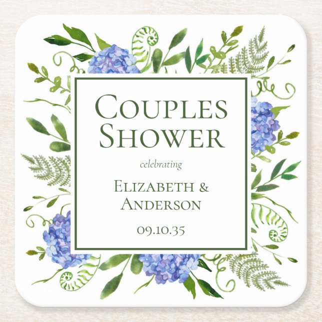 Blue Hydrangeas Couples Shower Square Paper Coaster (Front)