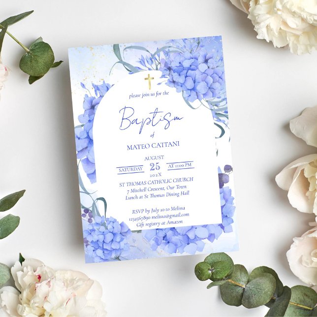 Blue hydrangeas elegant floral arch baptism invitation (Baptism christening blue hydrangeas invitation template)