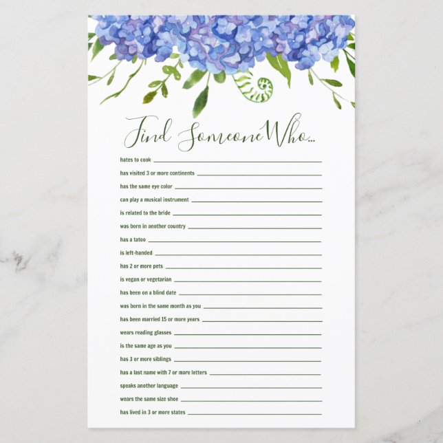 Blue Hydrangeas Find Someone Who Shower Game (Front)