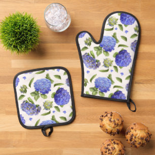 Blue Hydrangeas Floral Botanical Art Oven Mitt & Pot Holder Set