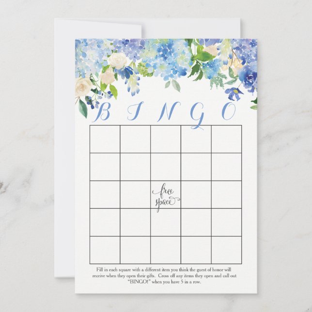 blue hydrangeas Floral Bridal Shower Bingo Cards (Front)