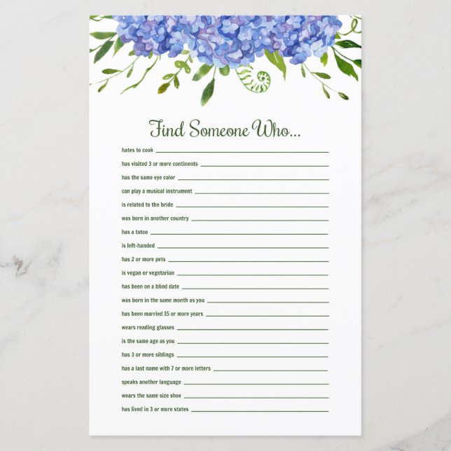 Blue Hydrangeas Floral Find Someone Who (Front)