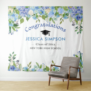 Blue Hydrangeas Floral Graduation Photo Backdrop Tapestry