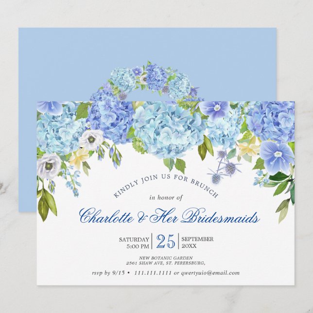 Blue Hydrangeas Floral Greenery Bridesmaids Brunch Invitation (Front/Back)