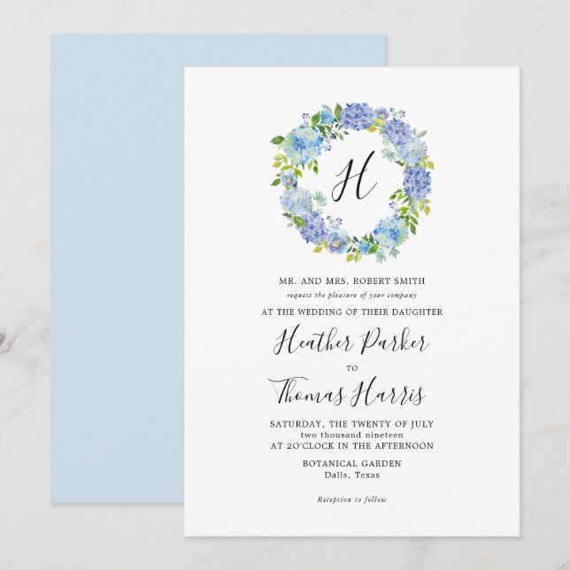 Blue Hydrangeas Floral Monogram Wedding Invitation (Front/Back)