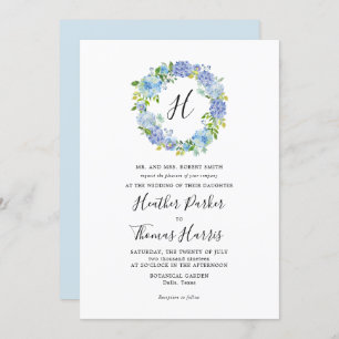 Blue Hydrangeas Floral Monogram Wedding Invitation