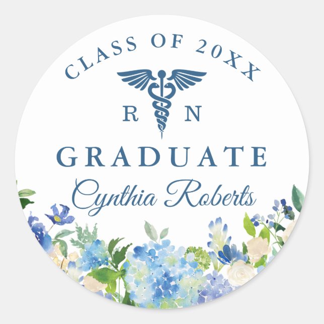 Blue Hydrangeas Floral Nursing School Graduation Classic Round Sticker (Front)