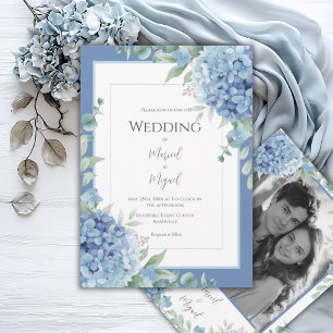 Blue Hydrangeas Floral Photo Elegant Wedding Invitation
