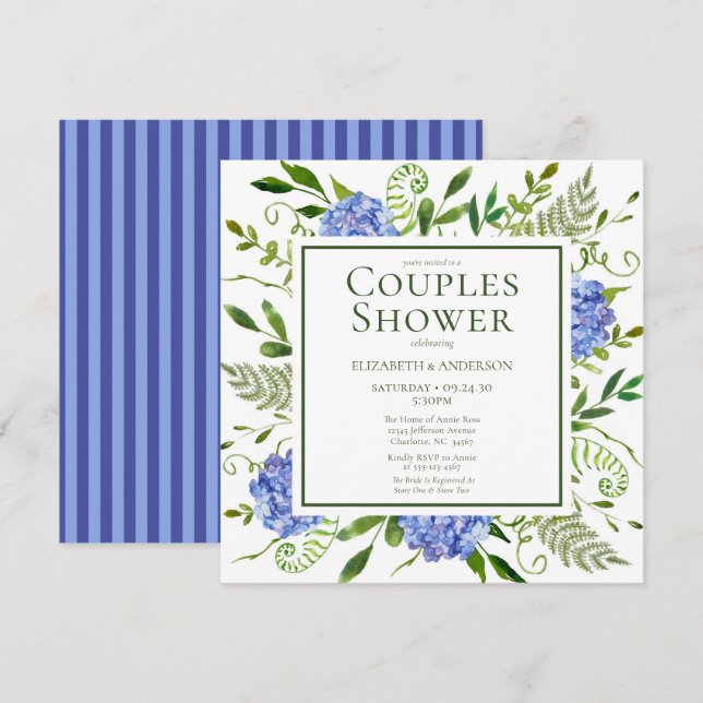 Blue Hydrangeas Floral Watercolor Couples Shower Invitation (Front/Back)