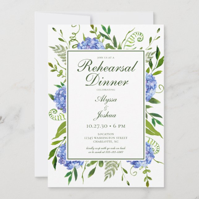 Blue Hydrangeas Floral Watercolor Rehearsal Dinner Invitation (Front)