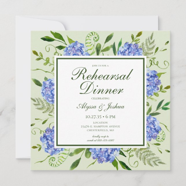 Blue Hydrangeas Floral Watercolor Rehearsal Dinner Invitation (Front)