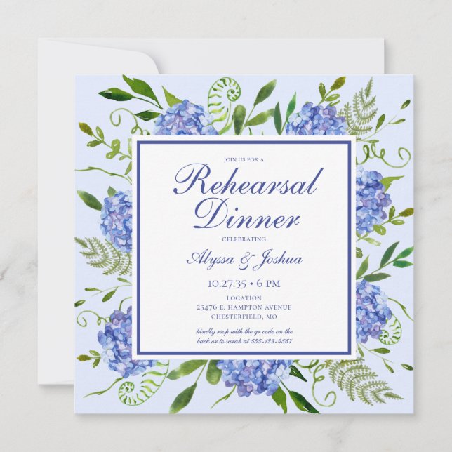 Blue Hydrangeas Floral Watercolor Rehearsal Dinner Invitation (Front)