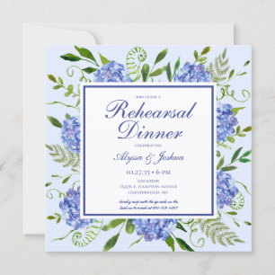 Blue Hydrangeas Floral Watercolor Rehearsal Dinner Invitation
