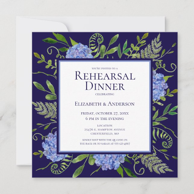 Blue Hydrangeas Floral Watercolor Rehearsal Dinner Invitation (Front)