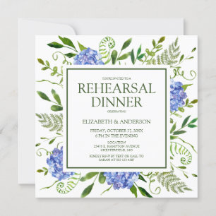 Blue Hydrangeas Floral Watercolor Rehearsal Dinner Invitation