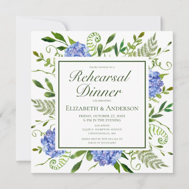 Blue Hydrangeas Floral Watercolor Rehearsal Dinner Invitation (Front)