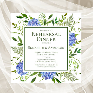 Blue Hydrangeas Floral Watercolor Rehearsal Dinner Invitation