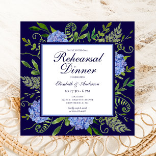Blue Hydrangeas Floral Watercolor Rehearsal Dinner Invitation