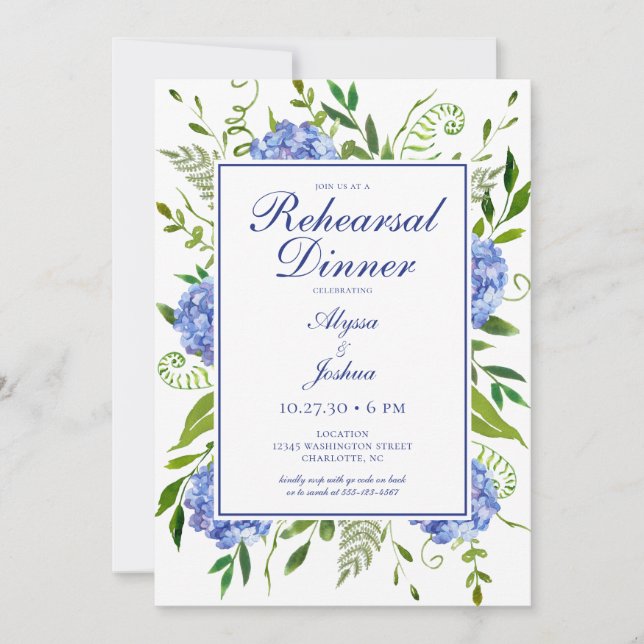 Blue Hydrangeas Floral Watercolor Rehearsal Dinner Invitation (Front)