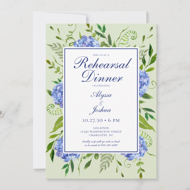 Blue Hydrangeas Floral Watercolor Rehearsal Dinner Invitation (Front)