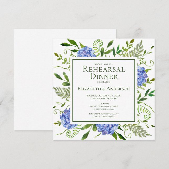 Blue Hydrangeas Floral Watercolor Rehearsal Dinner Invitation (Front/Back)