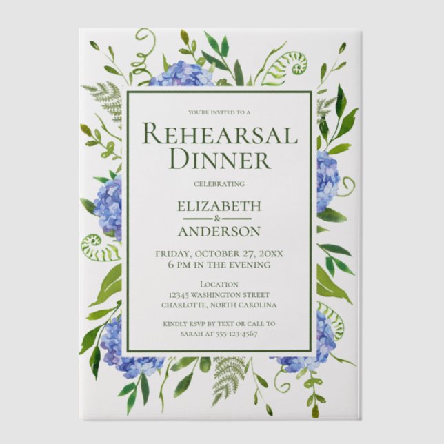 Blue Hydrangeas Floral Watercolor Rehearsal Dinner Vellum Invitations (Front)