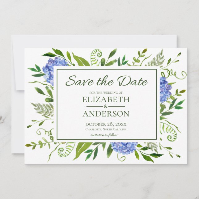 Blue Hydrangeas Floral Watercolor Save The Date (Front)