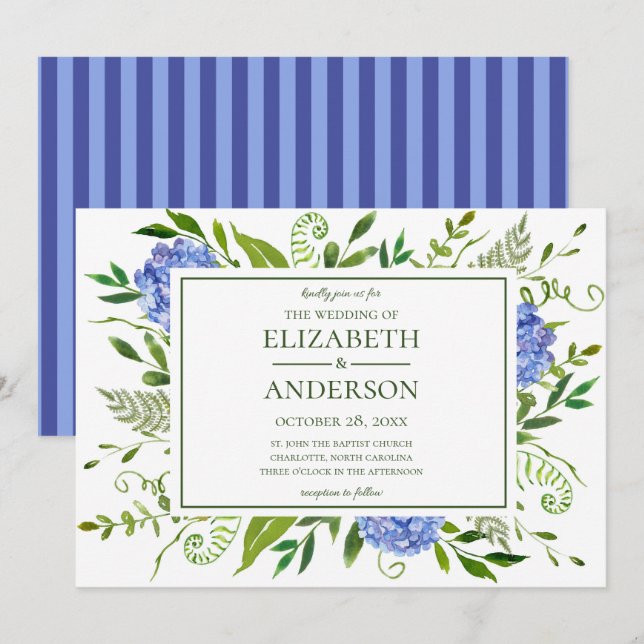Blue Hydrangeas Floral Watercolor Wedding Invitation (Front/Back)